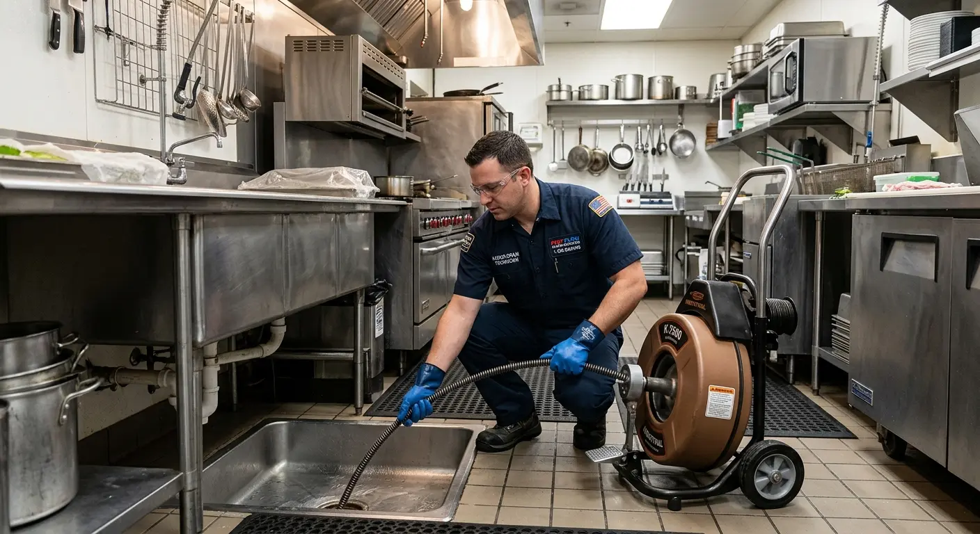 Commercial drain cleaning service in a restaurant kitchen in Riverhead