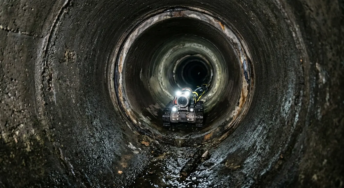 Robotic sewer camera inspecting pipe interior for Sewer Line Cleaning in Riverhead