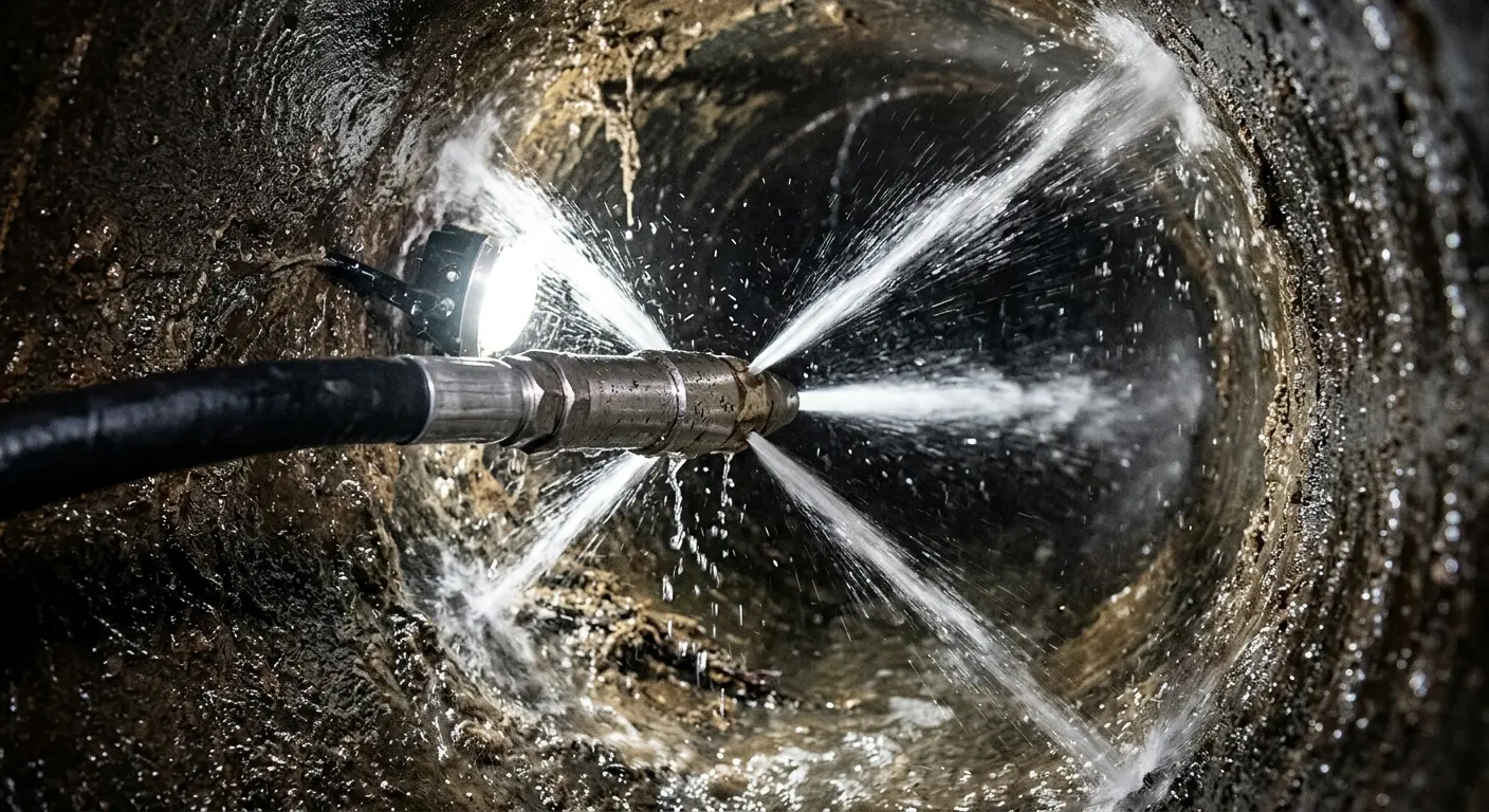 High-pressure hydro jetting nozzle cleaning sewer pipe for Emergency Drain Service in Riverhead