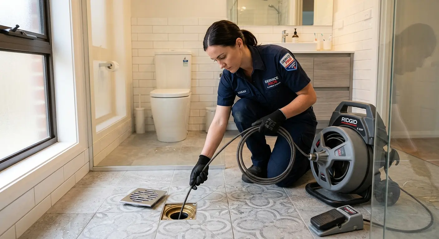 Technician clearing a bathroom floor drain for Drain Cleaning in Riverhead